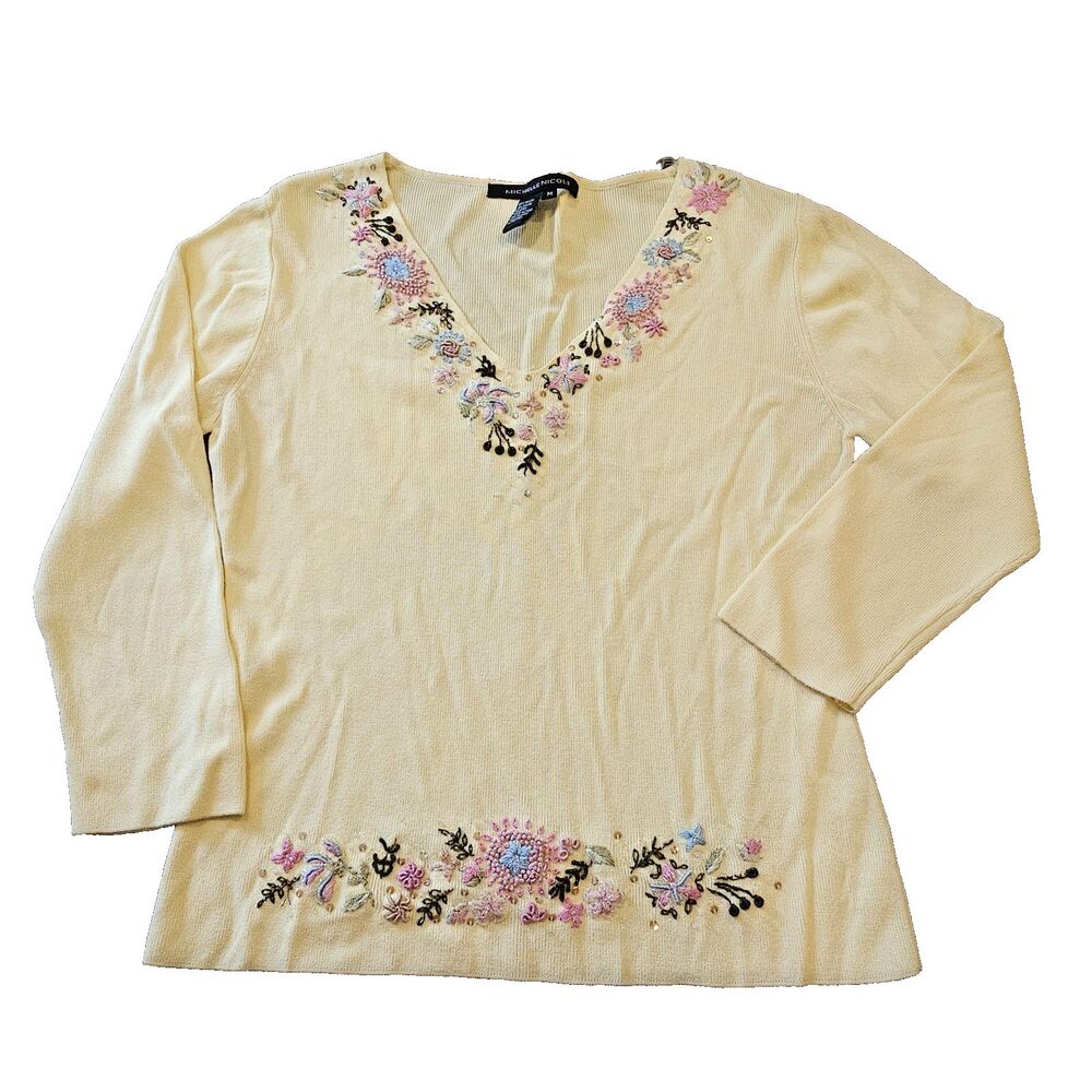 VINTAGE y2k floral embroidered beaded knit top boho cottage size m pastel fairy